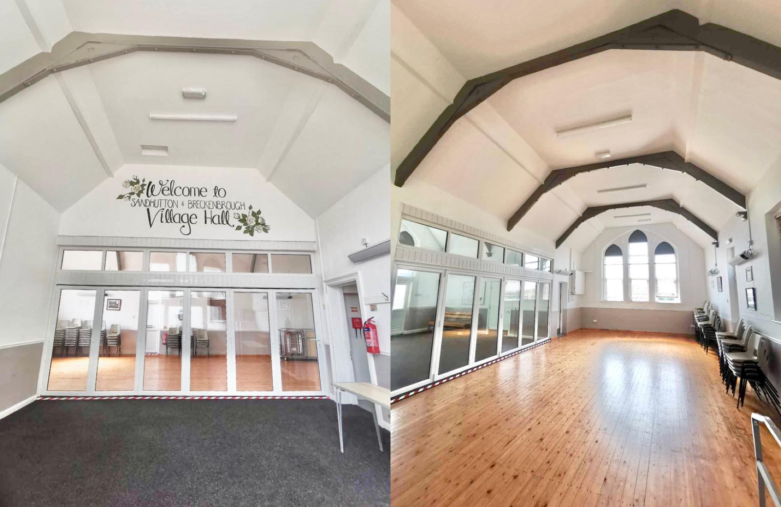 The inside of the village hall; the entrance on the left, and the hall on the right